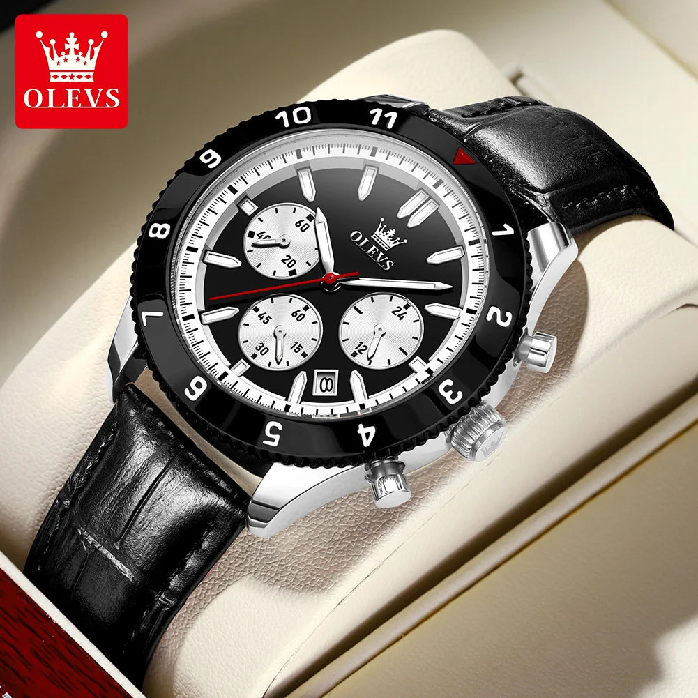 OLEVS Original Quartz Watch for Men Leather Strap Chronograph Calendar Waterproof Luminous Men's Wristwatches Relógio Masculino