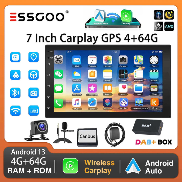 ESSGOO Car Stereo Radio Wireless CarPlay Android Auto 2 DIN 7" Car Stereo HD FM-Radio GPS Touch Screen Head Unit 4+64G DAB+AHD