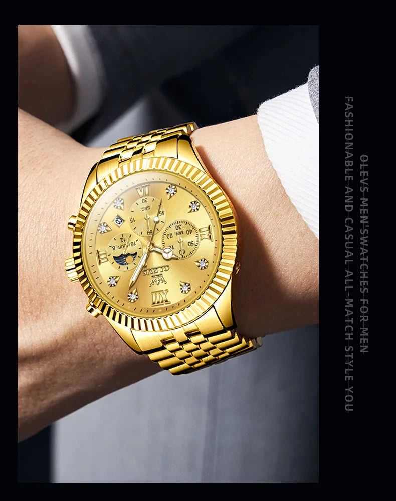 OLEVS New Original Quartz Men's Watches Moon Phase Waterproof Calendar Stainless steel Watch for Men Luminous Luxury Brand Watch