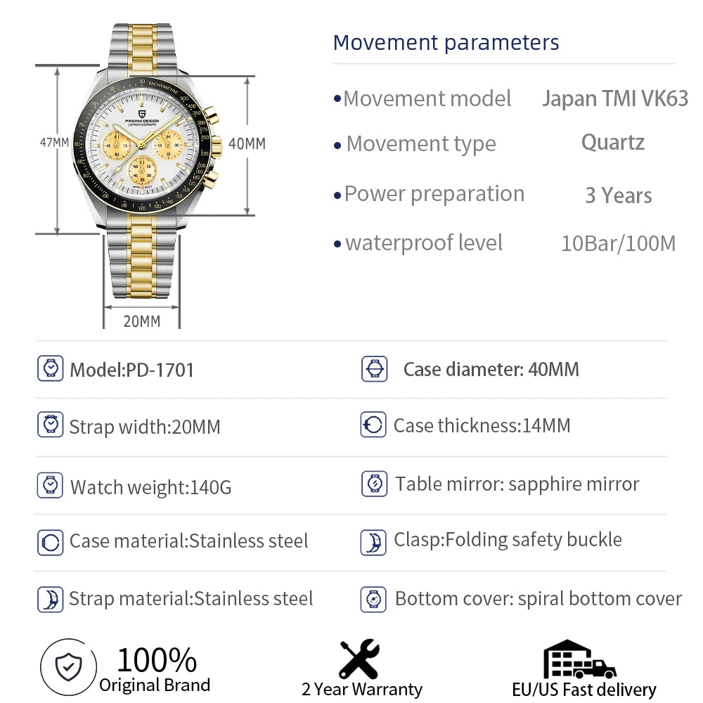 PAGANI DESIGN 2025 Silver Gold Moon Luxury Quartz Watches Men Sport Chronograph Sapphire Crystal Stainless steel Watch For Men