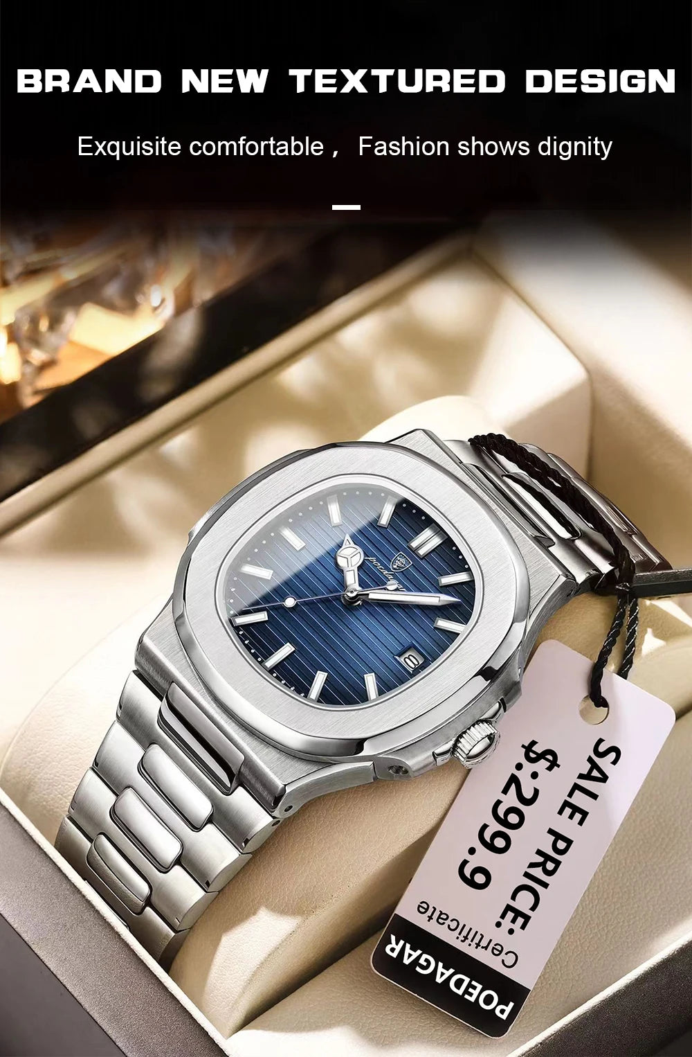POEDAGAR Luxury Casual Watch Top Brand Fashion Square Dial Stainless Steel Calendar Luminous Waterproof Men Watch Male Clock+Box