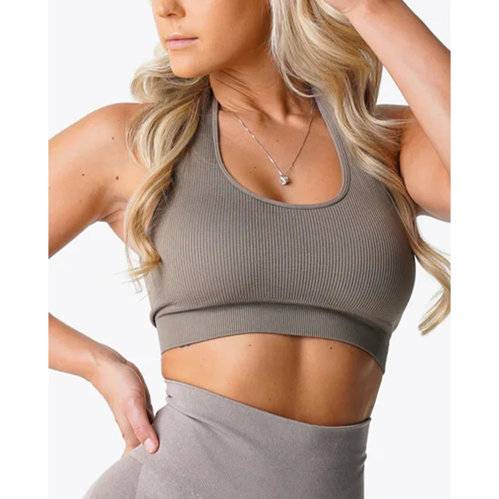 New Limitless Ribbed Seamless Halter Bra Spandex  Woman Fitness Elastic Breathable Breast Enhancement Leisure Sports Underwear