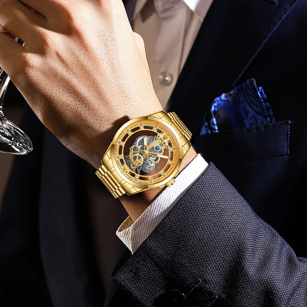 LIGE New Fashion Mens Watches Top Brand Luxury Hollow Watch Men Military Sports Waterproof Quartz Watch For Men Montre Homme+BOX