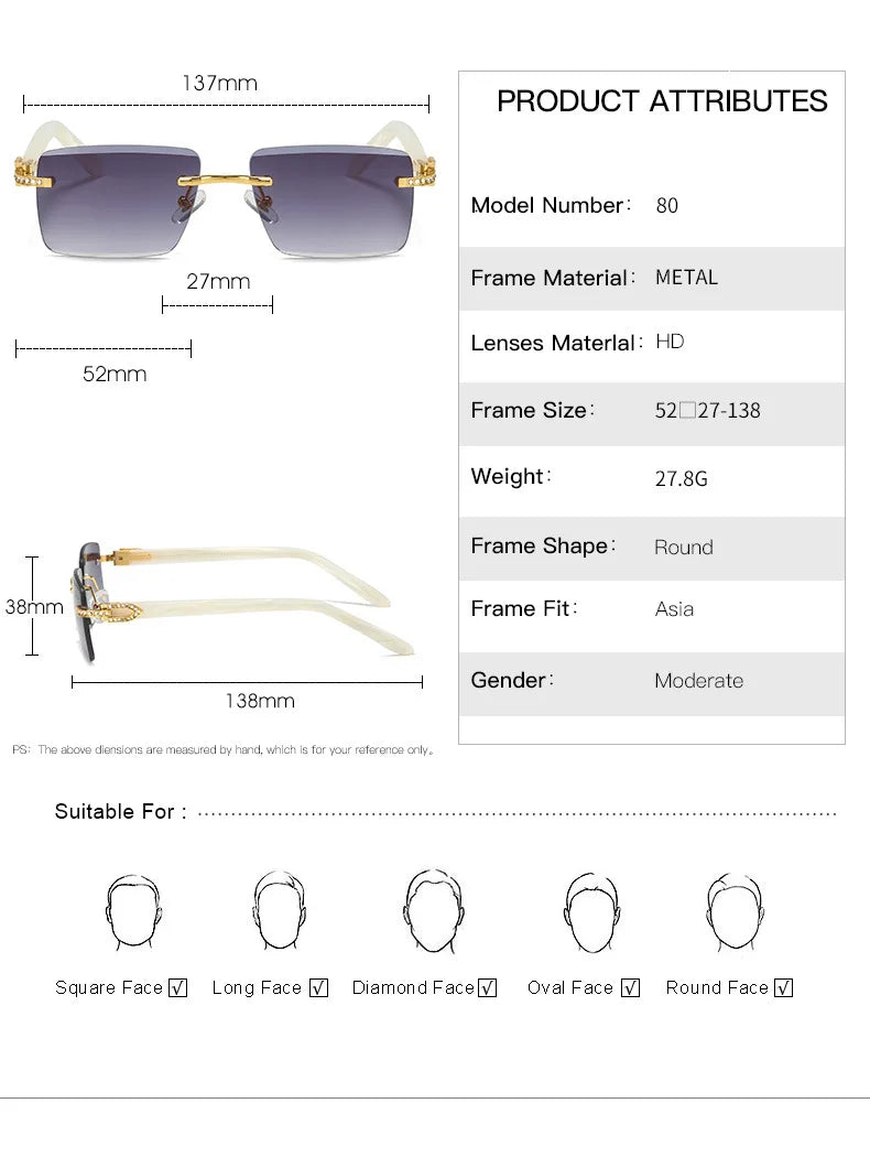 Luxury Brand Diamond Acetate Frame Square Sunglasses For Men Trendy Rimless Rectangle Sun Glasses Oculos De Sol Masculino