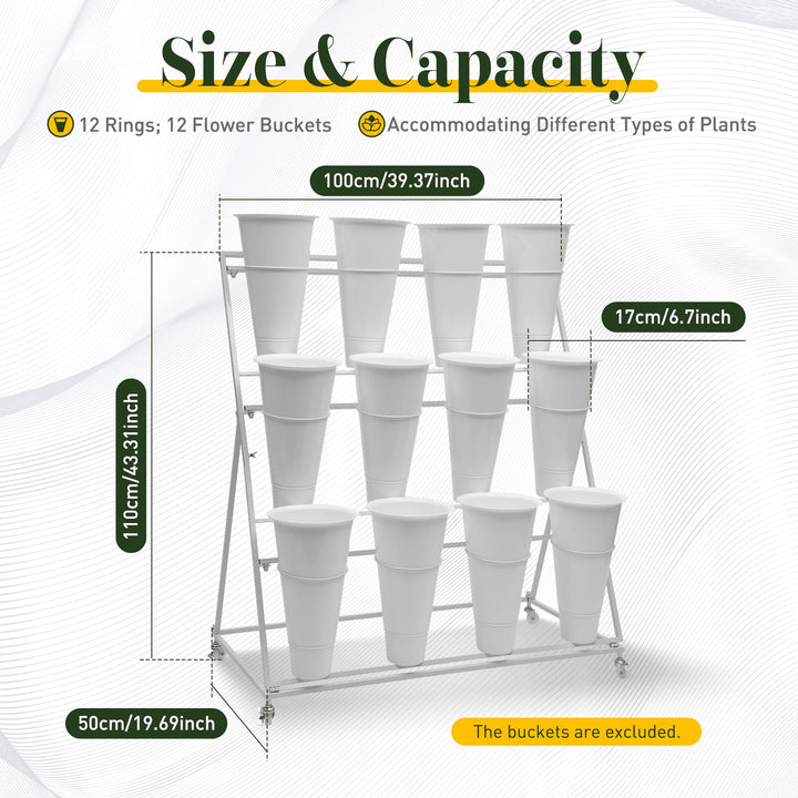 3 Layers Flower Display Stand Movable Modern Metal Plant Shelf with 12Pcs Flower Buckets & Wheels for Home Garden Patio Balcony