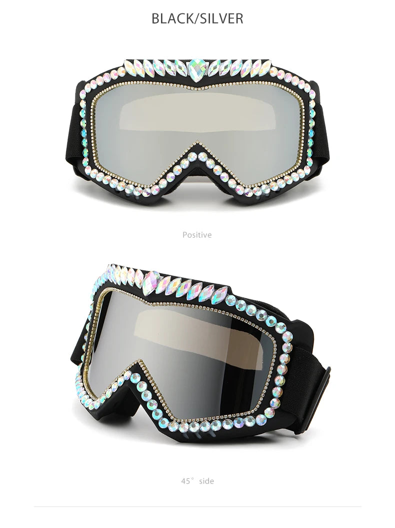 Steampunk Oversized Diamond Ski Sunglasses Goggle Women Men Snowing Sport Sun Glasses Luxury Rhinestone Eyeglasses De Sol Hombre