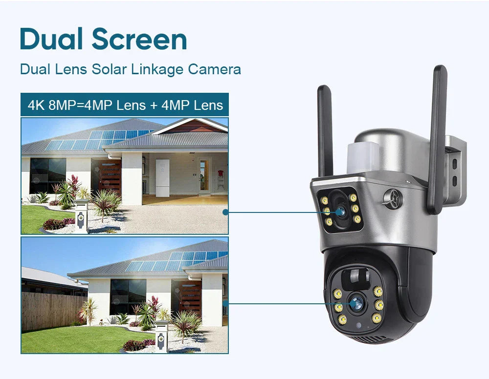 4G Sim Card Solar Camera Dual Lens Outdoor 8MP 4K Low Power Battery IP Camera PIR Night Vision V380 Pro CCTV Security Protection