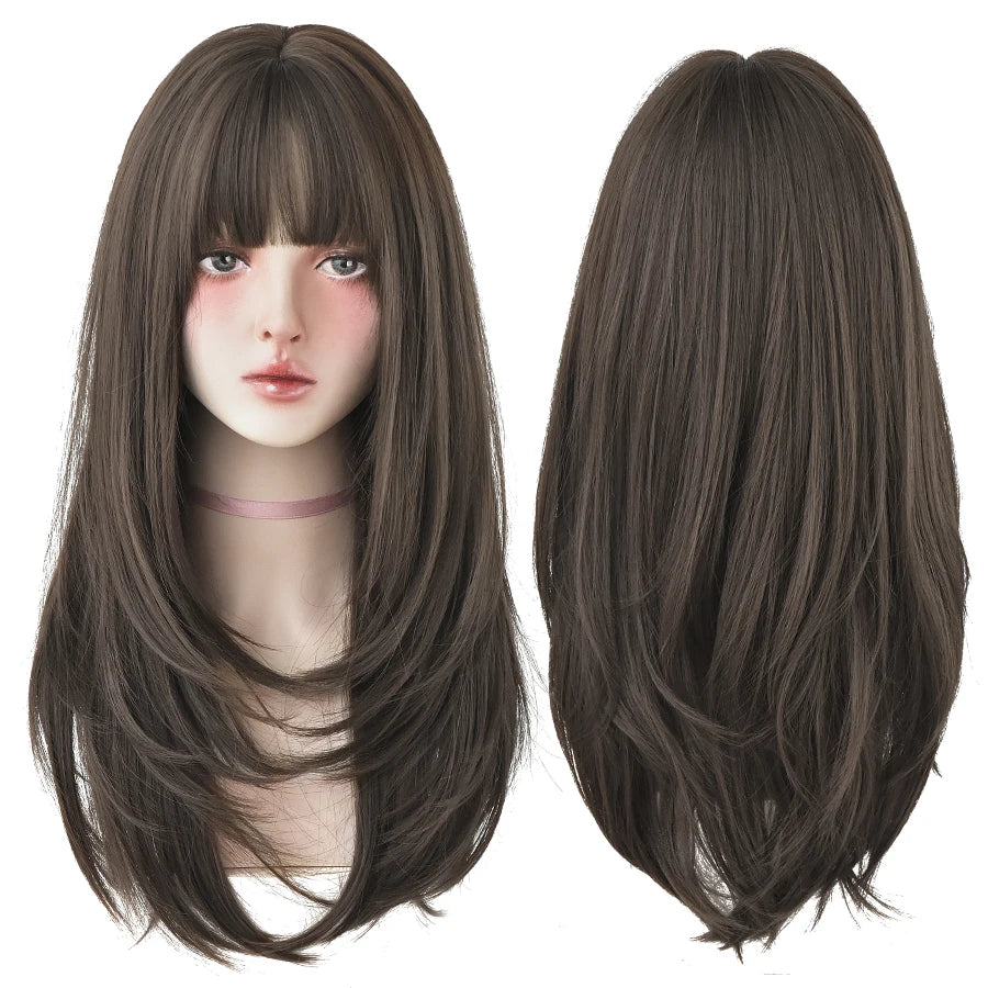 7JHHWIGS Long Wavy Synthetic Black Wigs For Women With Fringe Fashion Heat Resistant Mid-Length Daily Straight Light Brown Hair