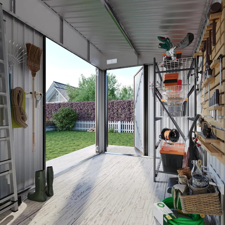7.5'x5.5' Outdoor Storage Shed with Triple Lockable Doors, Metal Storage Cabinets with Sloping Roof for Tools and Bikes