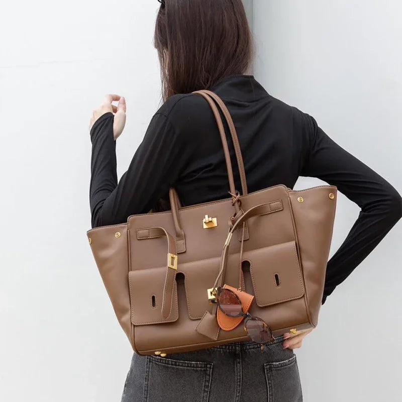 Luxury Brand Silver Buckle Fashion Genuine Leather Handbag New Large Capacity Tote Bag Designer Women's Commuter Shoulder Bag