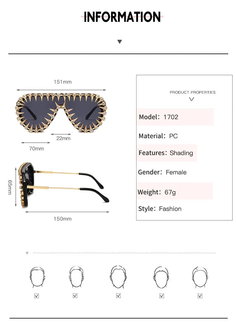 Steampunk Nail Diamond Oversized Sunglasses For Women Luxury Punk Rhinestones One Piece Sun Glasses Men Hip Hop Shades Eyewear