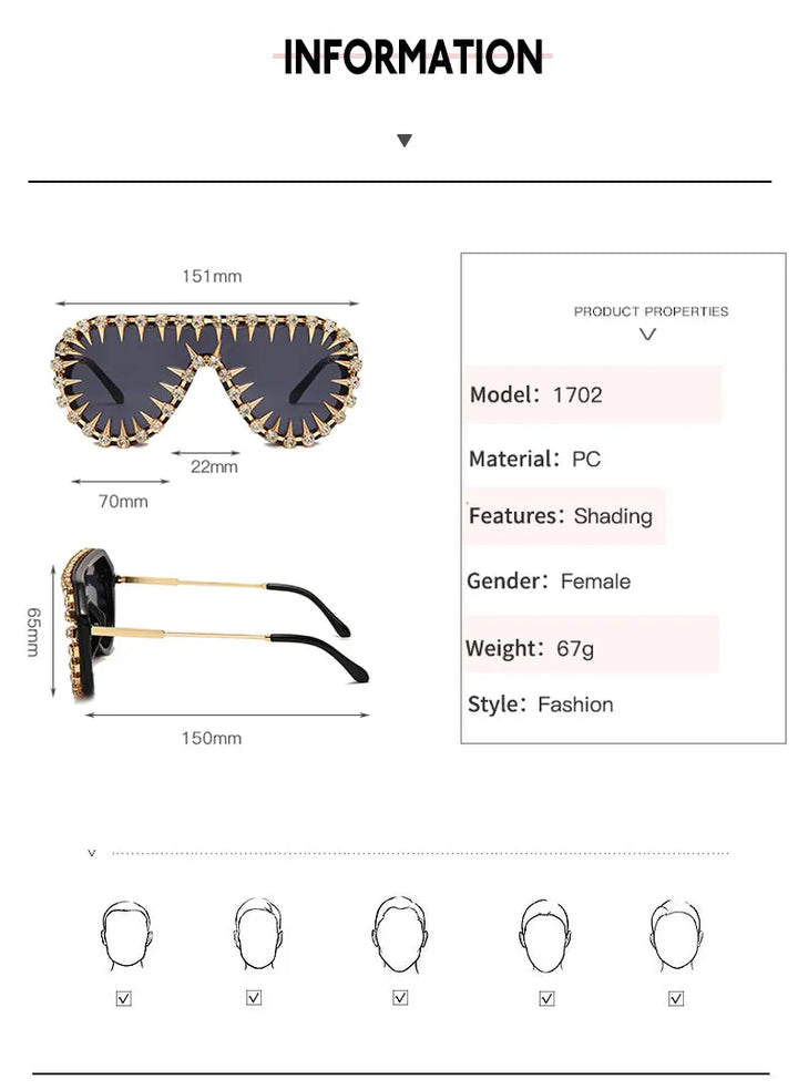 Steampunk Nail Diamond Oversized Sunglasses For Women Luxury Punk Rhinestones One Piece Sun Glasses Men Hip Hop Shades Eyewear