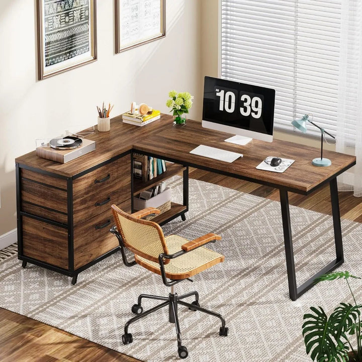 L-Shaped Office Computer Desk with Drawers