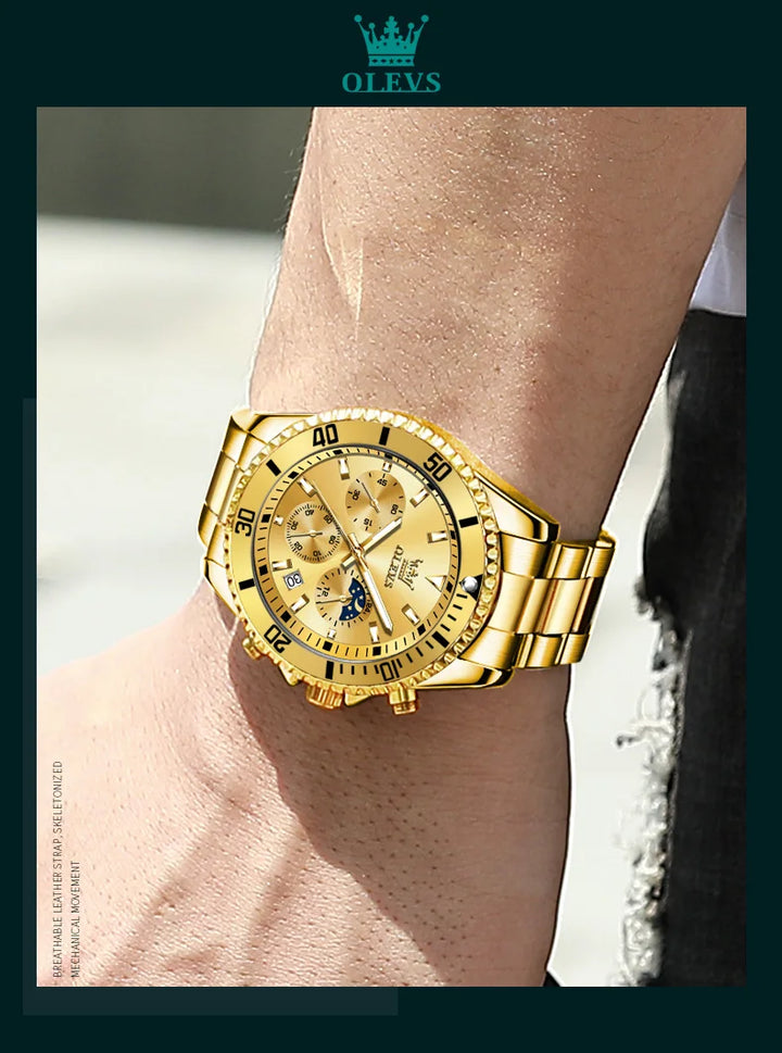 OLEVS Moon Phase Men's Watches Original Waterproof Luxury Quartz Watch Stainless Steel Chronograph Date Rota Dial Wristwatch