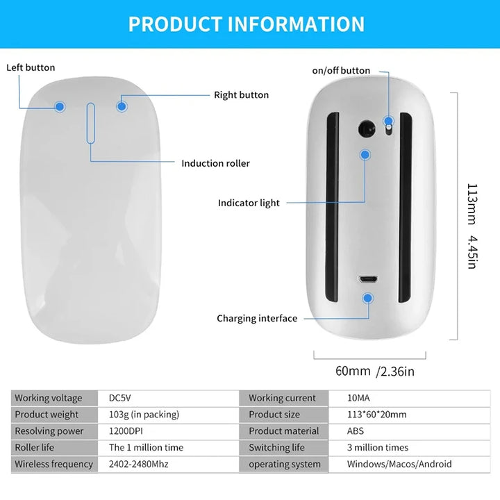 Wireless Bluetooth Silent Magic Computer Mouse Dual-Mode Rechargeable Touch Slim Ergonomic PC Mice For Apple Macbook Microsoft