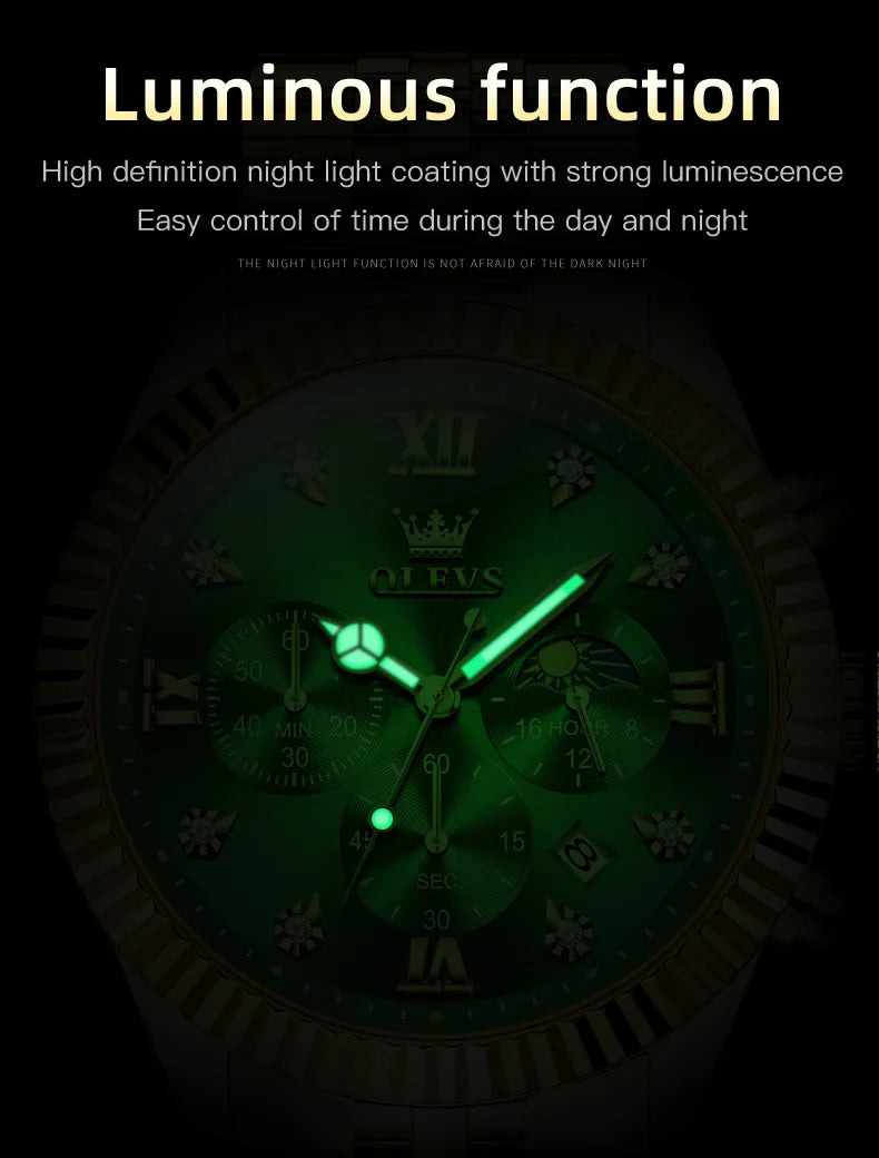 OLEVS New Original Quartz Men's Watches Moon Phase Waterproof Calendar Stainless steel Watch for Men Luminous Luxury Brand Watch