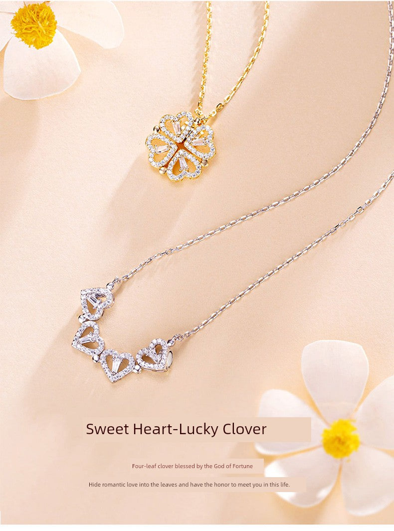 Four-Leaf Clover Foldable Sterling Silver Clavicle Chain Chinese Valentine's Day Gift