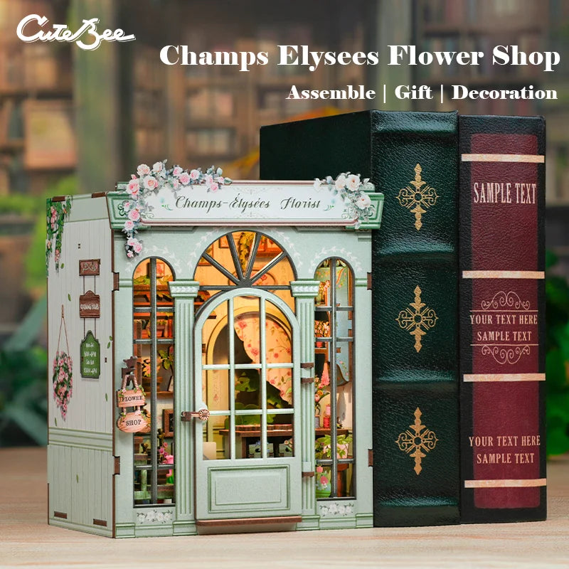 CUTEBEE Bookstore Book Nook with Light DIY Miniature Wooden Dollhouse for Decor Gift Bookshelf Insert Kit 3D Puzzle