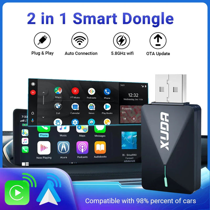 XUDA 2in1 Wireless CarPlay AI Mini Box Android Auto Box Plug&Play Automatic Connection Compatible with 99% of Cars For Car Radio