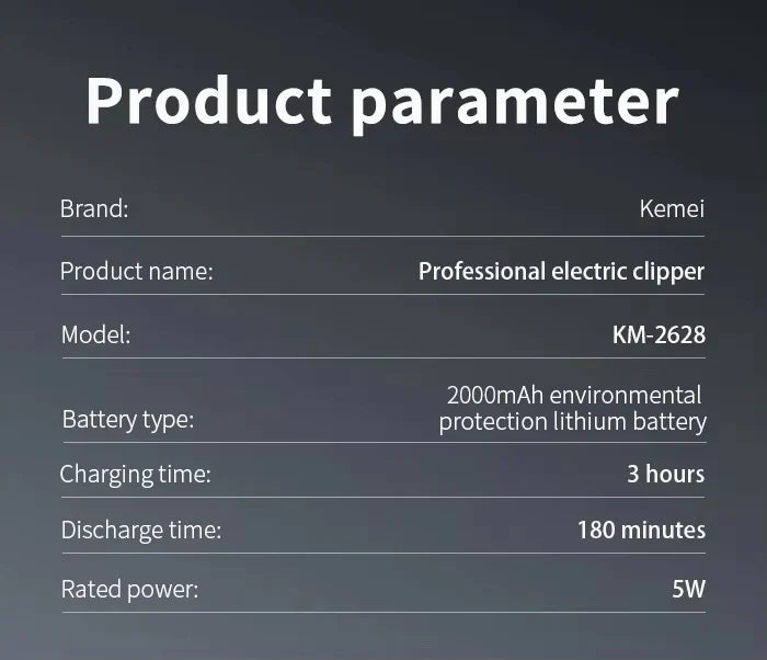 Kemei KM-2628 KM-678 KM-2024 Professional Electric Hair Clippers Beard Clipper Rechargeable Men's Shaver Hair Trimmer Kit