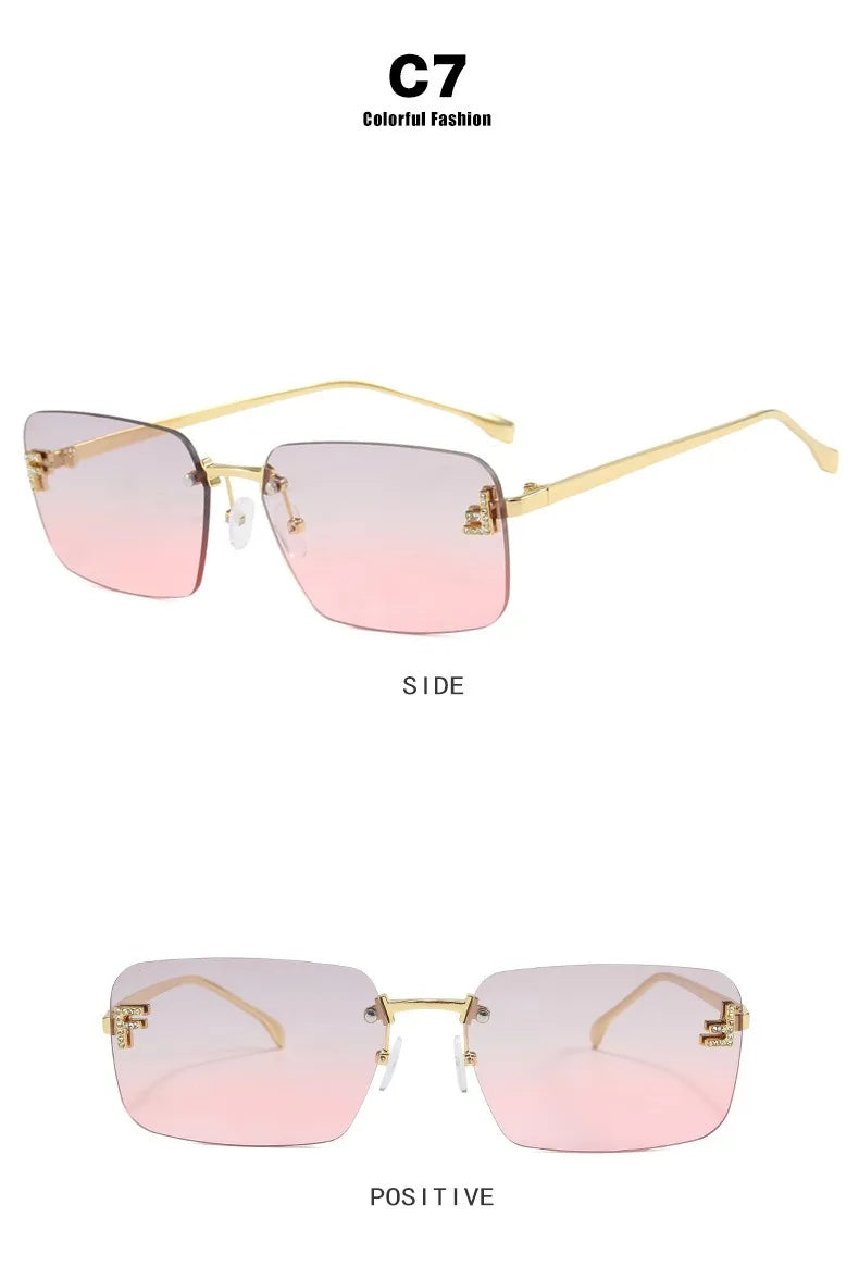 Rimless Sqaure Sunglasses F Letter Rectangle Shades For Men Women Trendy Driving Frameless Casual Eyewear UV400 Oculos Del Sol