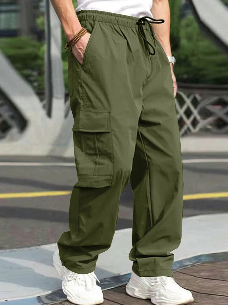 Men s Loose Cargo Long Pants Solid Color Drawstring Waist Straight Leg Trousers Casual Work Pants with Pockets