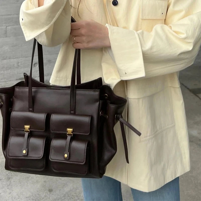 Luxury Brand Silver Buckle Fashion Genuine Leather Handbag New Large Capacity Tote Bag Designer Women's Commuter Shoulder Bag
