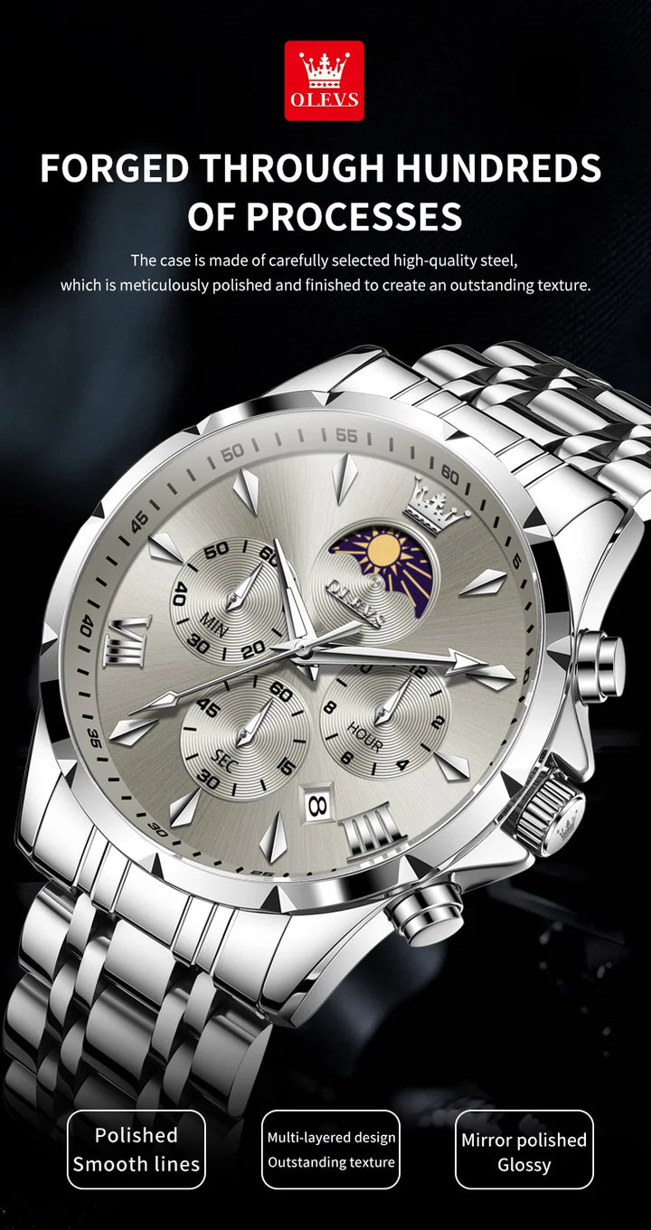 OLEVS Top Moon Phase Fashion Men's Watches Stainless steel Waterproof Quartz Watch for Man Calendar Luminous Daily Wristwatch