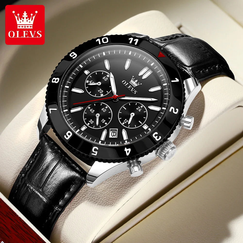 OLEVS Original Quartz Watch for Men Leather Strap Chronograph Calendar Waterproof Luminous Men's Wristwatches Relógio Masculino