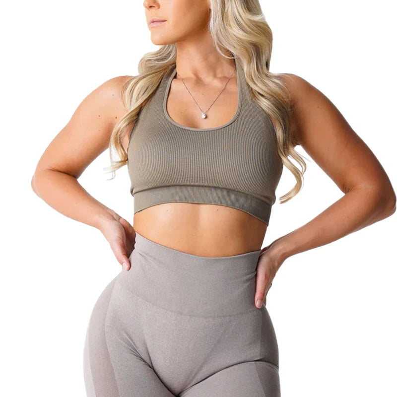 New Limitless Ribbed Seamless Halter Bra Spandex  Woman Fitness Elastic Breathable Breast Enhancement Leisure Sports Underwear