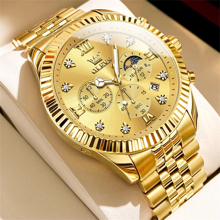 OLEVS Men's Watches Luxury Gold Original Quartz Watch for Man Waterproof Classic Commemorative Strap Moon Phase Chronograpgh