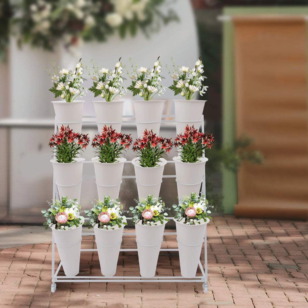 3 Layers Flower Display Stand Movable Modern Metal Plant Shelf with 12Pcs Flower Buckets & Wheels for Home Garden Patio Balcony