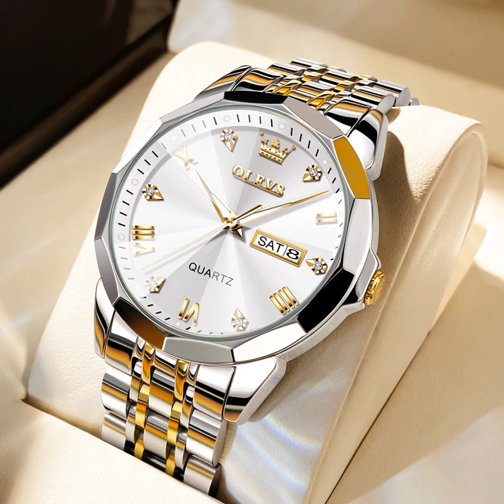 OLEVS Men's Watches Causal Fashion Original Quartz Watch for Man Waterproof Stainless Steel Luminous Date Week Trend Dress Reloj