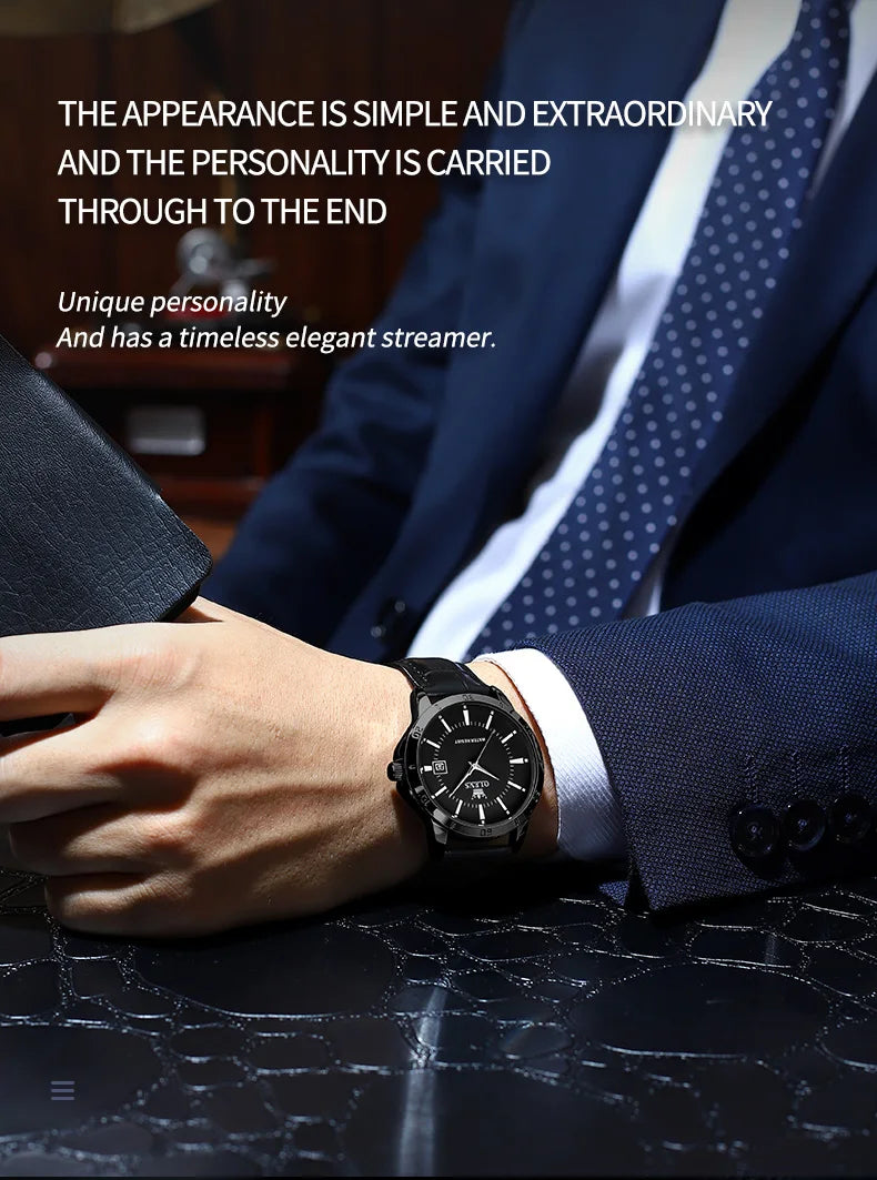 OLEVS TY716 Mens Watch Original Fashion Quartz Watch For Men Waterproof Leather Strap Calendar Daily Automatic Date Mens Gifts