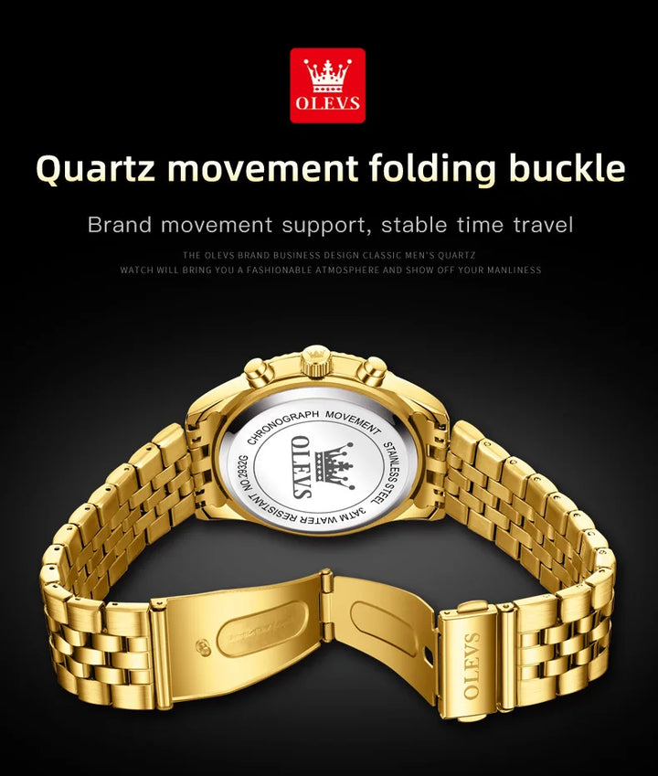 OLEVS Men's Watches Luxury Gold Original Quartz Watch for Man Waterproof Classic Commemorative Strap Moon Phase Chronograpgh