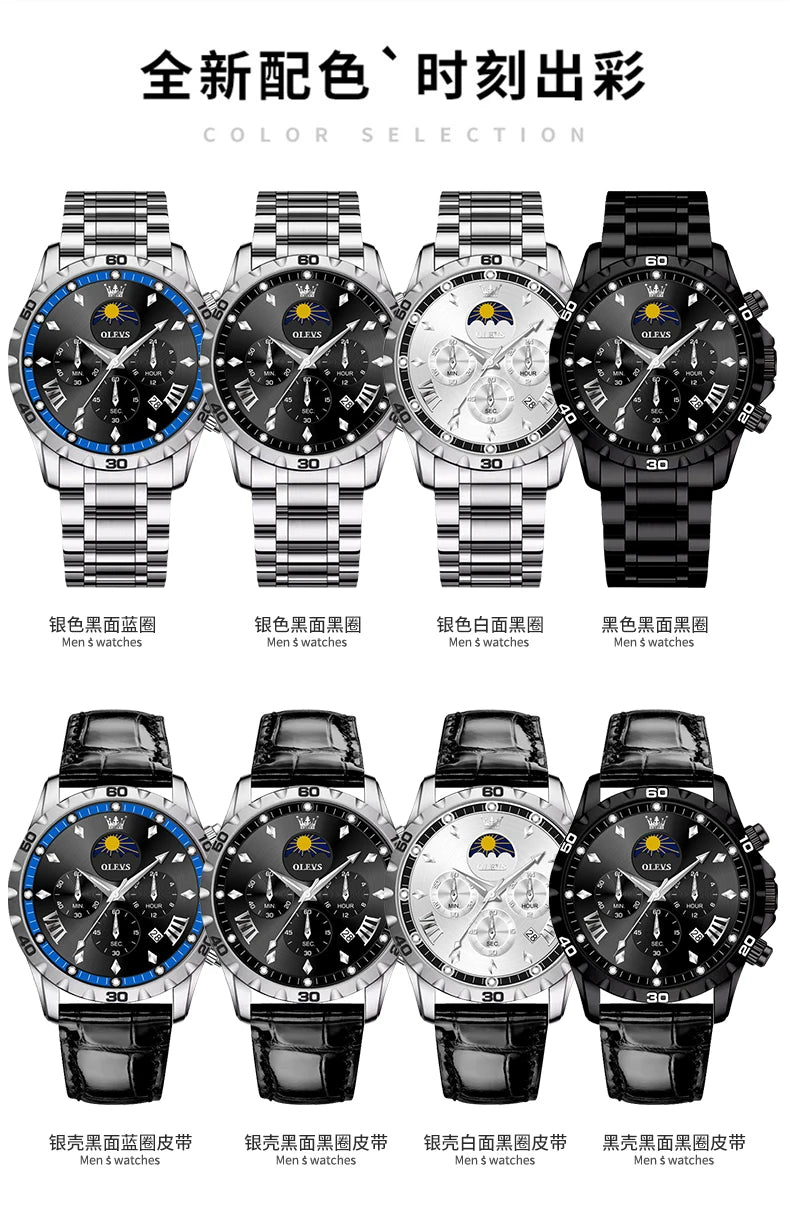 OLEVS Original Moon Phase Men Watches Luminous Skeleton Waterproof Quartz Watch Calendar Chronograph Stainless Steel Wristwatch