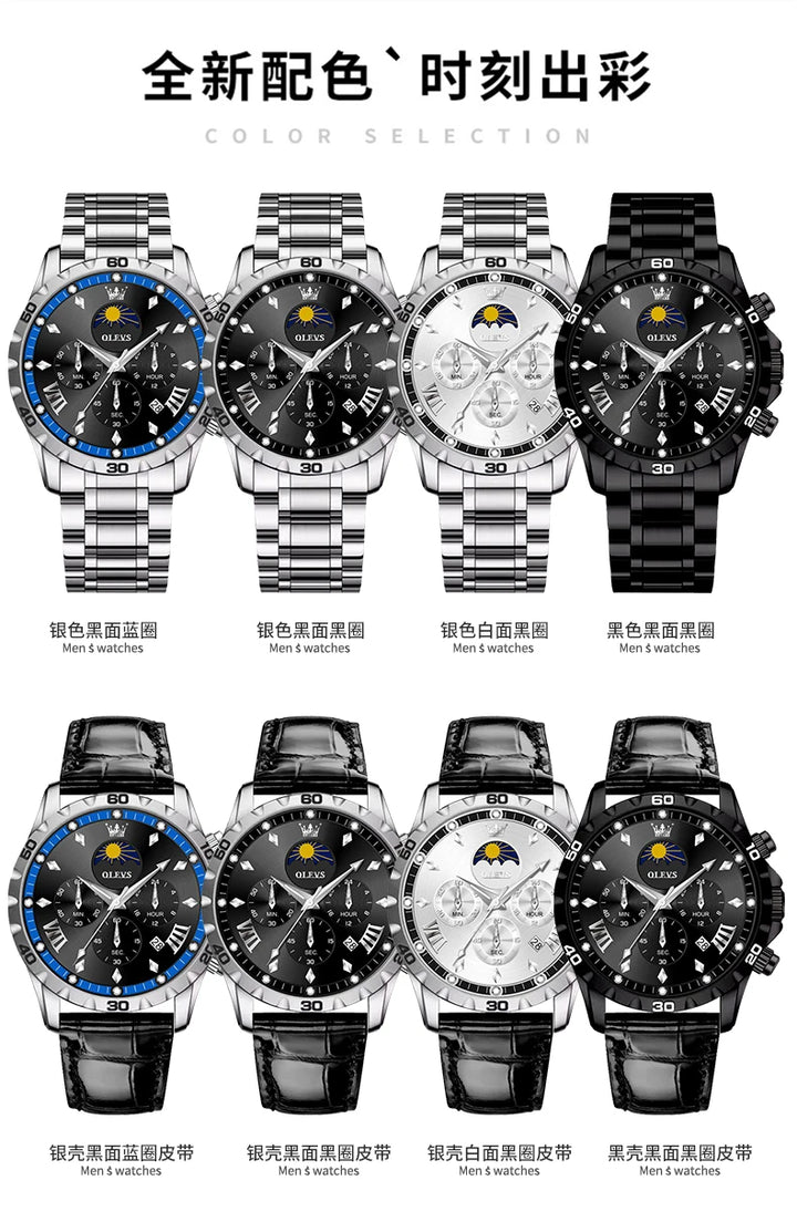 OLEVS Original Moon Phase Men Watches Luminous Skeleton Waterproof Quartz Watch Calendar Chronograph Stainless Steel Wristwatch