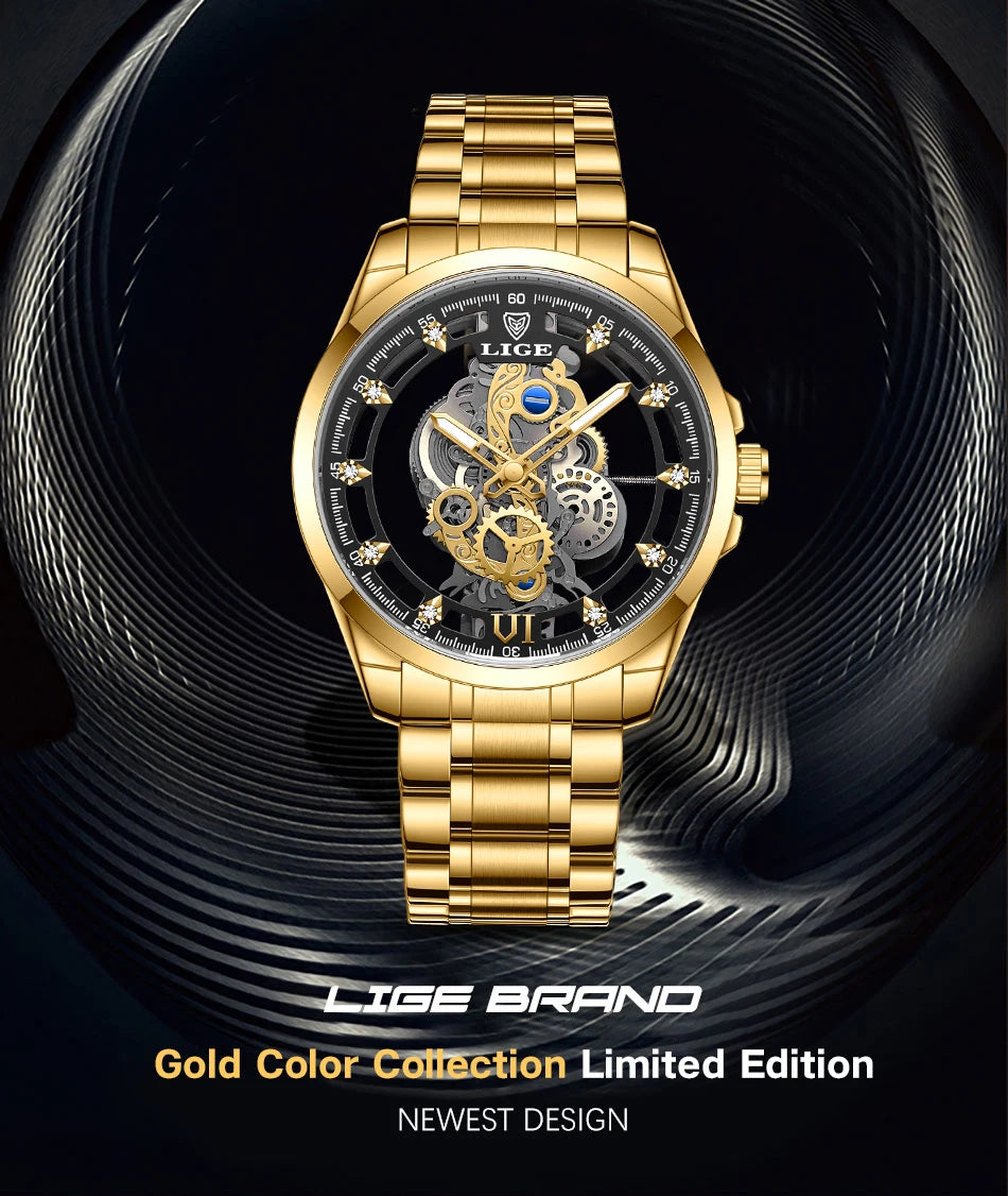 LIGE New Fashion Mens Watches Top Brand Luxury Hollow Watch Men Military Sports Waterproof Quartz Watch For Men Montre Homme+BOX
