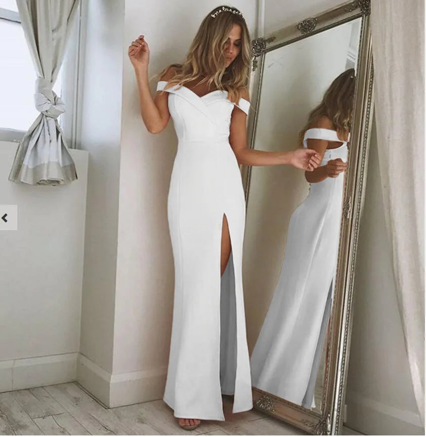 Women Split Bodycon Long Maxi Dress Party Wedding Prom Formal Elegant Solid White Off Shoulder Sleeveless Bandage Cheap Clothes