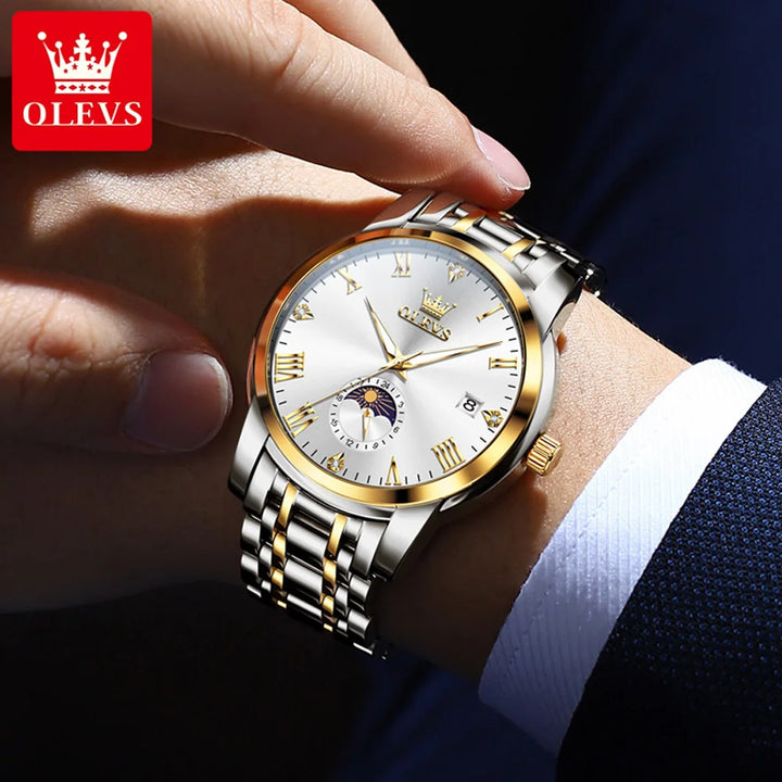 OLEVS Trend Fasahion Men's Watches Stainless Steel Original Quartz Watch for Man Waterproof Luminous Date Moon Phase Wristwatch