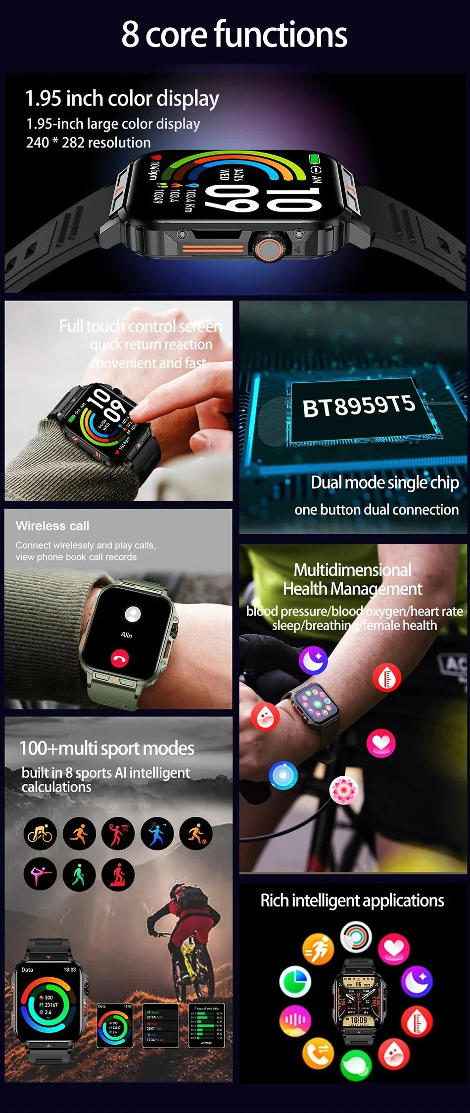 LIGE Smartwatch 1.95 Inch Screen Health Monitoring Watches IP68 Waterproof Sport Fitness Smart Watch For Men Women Reloj Hombre