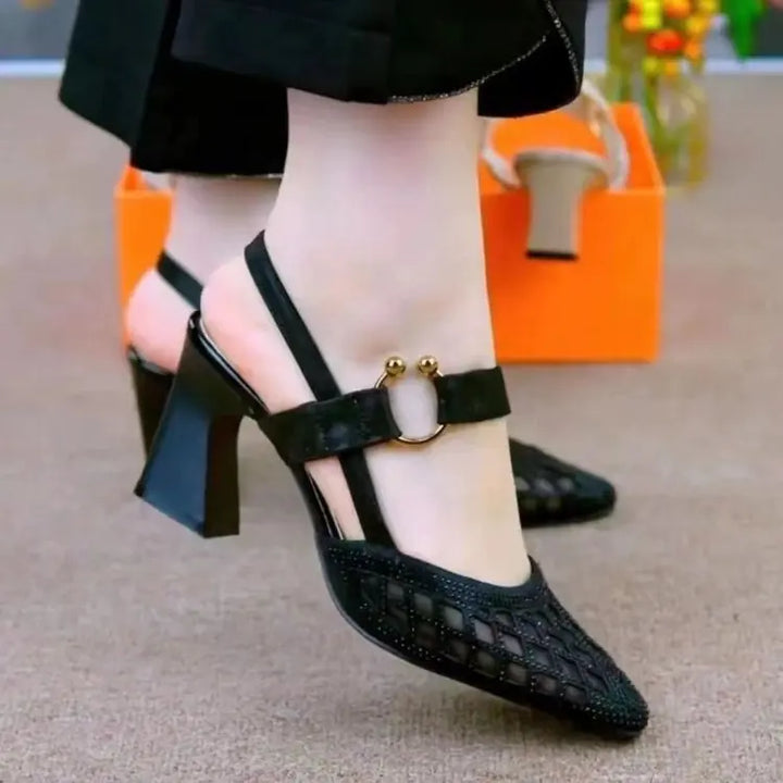 2024 Women's Summer Baotou High Heel One line Buckle Thick Heel Hollow Sandals  35--40