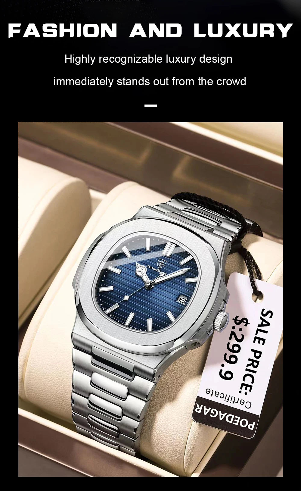 POEDAGAR Luxury Classic Man Watches Luminous Date Stainless Steel Square Quartz Male Clock Waterproof Watch for Men Reloj +Box