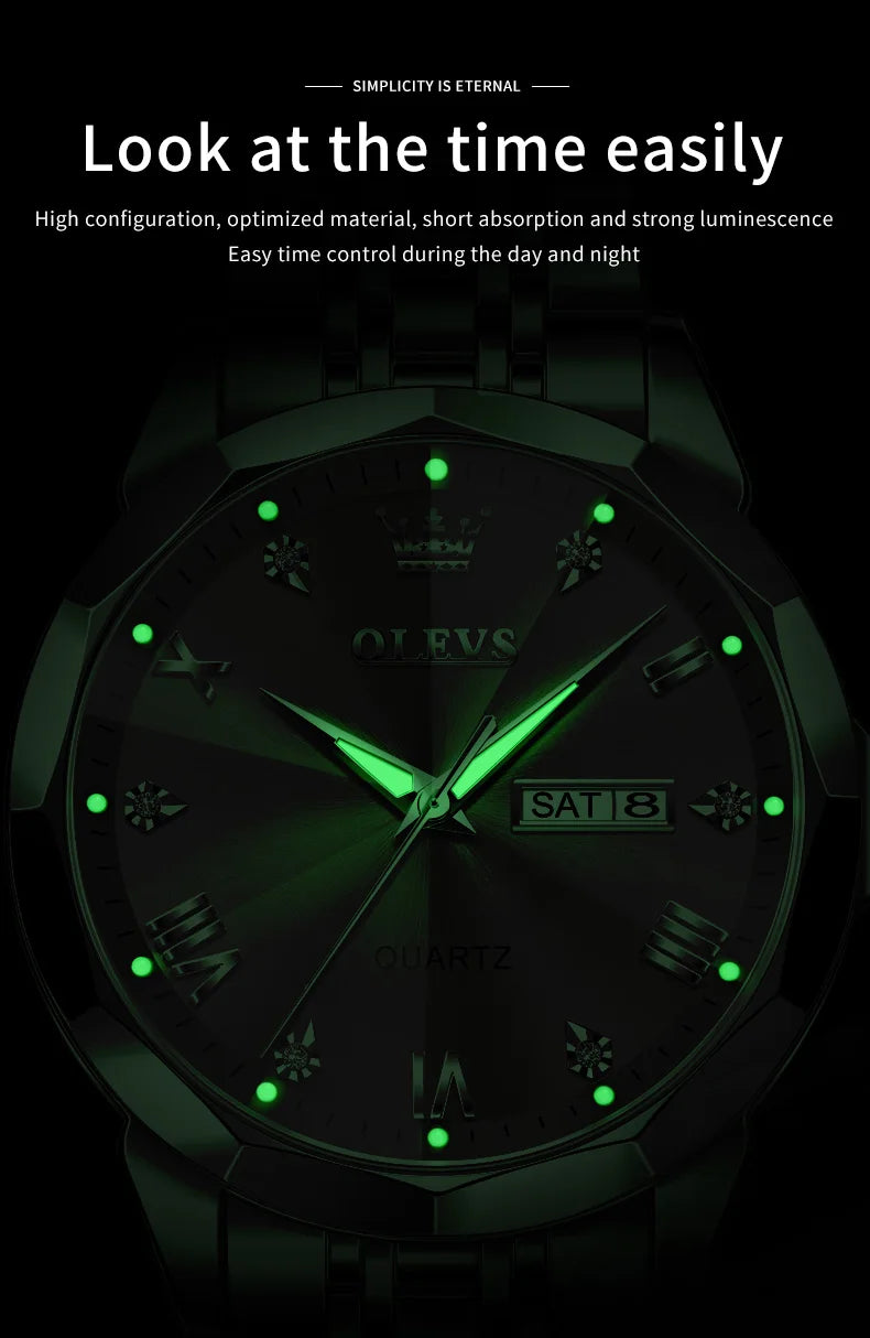 OLEVS Men's Watches Causal Fashion Original Quartz Watch for Man Waterproof Stainless Steel Luminous Date Week Trend Dress Reloj