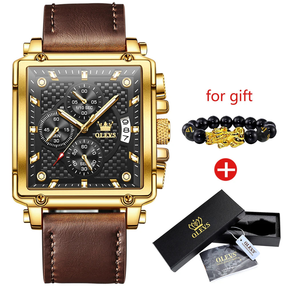 OLEVS Men's Top Brand Square Quality Quartz Wristwatch Chronograph Waterproof Original Watch for Man Luminous Date Luxury