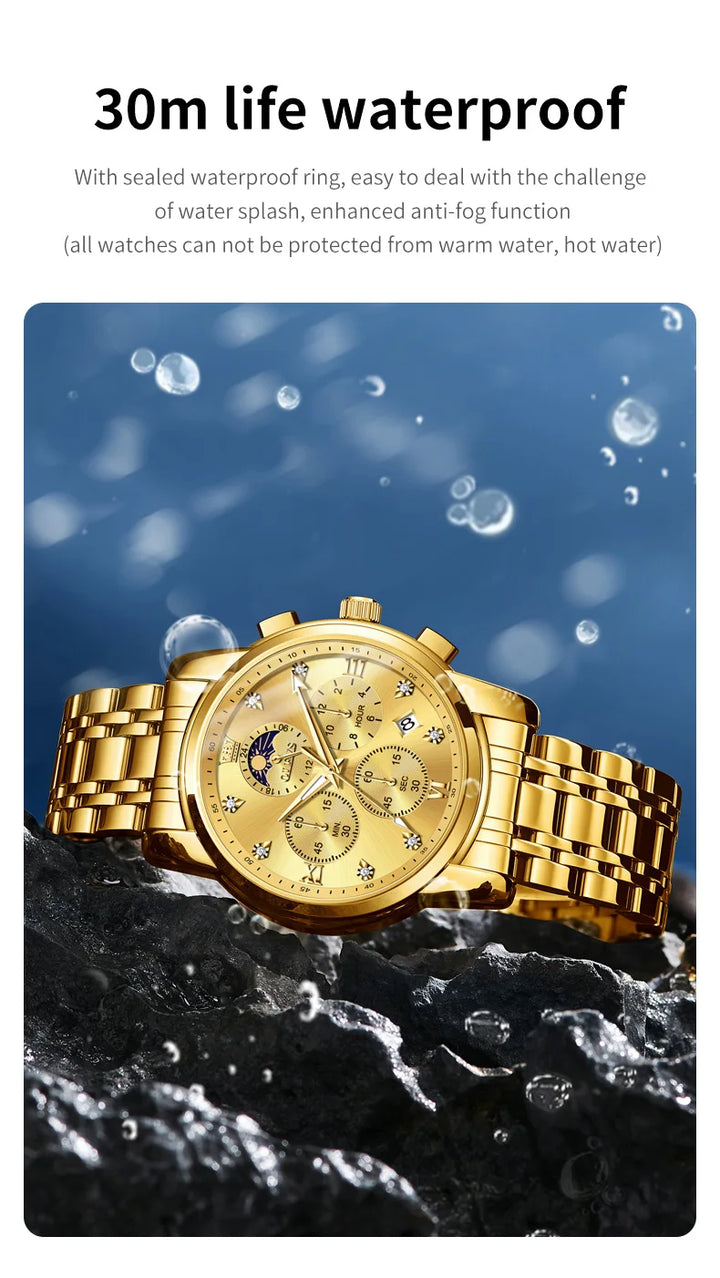 OLEVS Top Luxury Brand Men's Watches Moon Phase Chronograph Quartz Watch for Man Gold Stainless Steel Luminous Original Watch