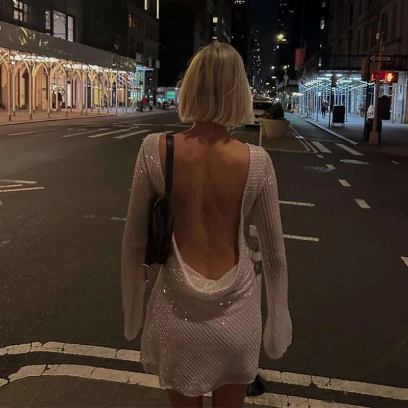 Women's Sparkling Backless Long Sleeved Dress Silver White Sexy Gauze Short Dresses Shiny Lining Elegant Summer Autumn Lady Top