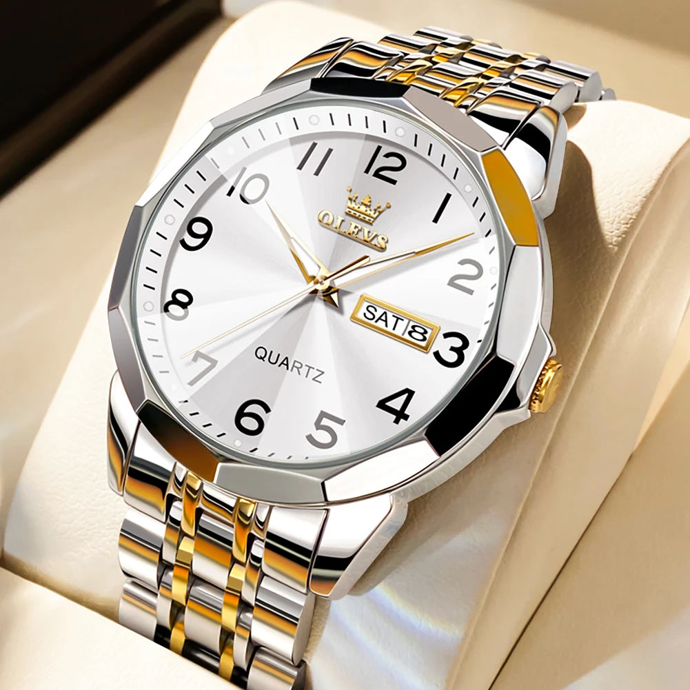 OLEVS Men's Watches Causal Fashion Original Quartz Watch for Man Waterproof Stainless Steel Luminous Date Week Trend Dress Reloj