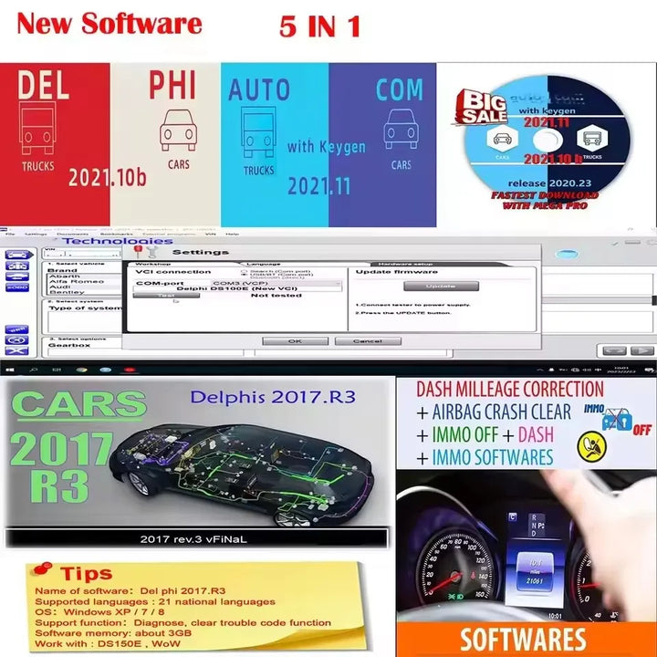 2025 Latest Autocoms 2021.11+Delphis 2021.10b with keygen+ For Delphi 2017 r3 Keygen+IMMO OFF SOFTWARES+DASH MILLEAGE CORRECTION