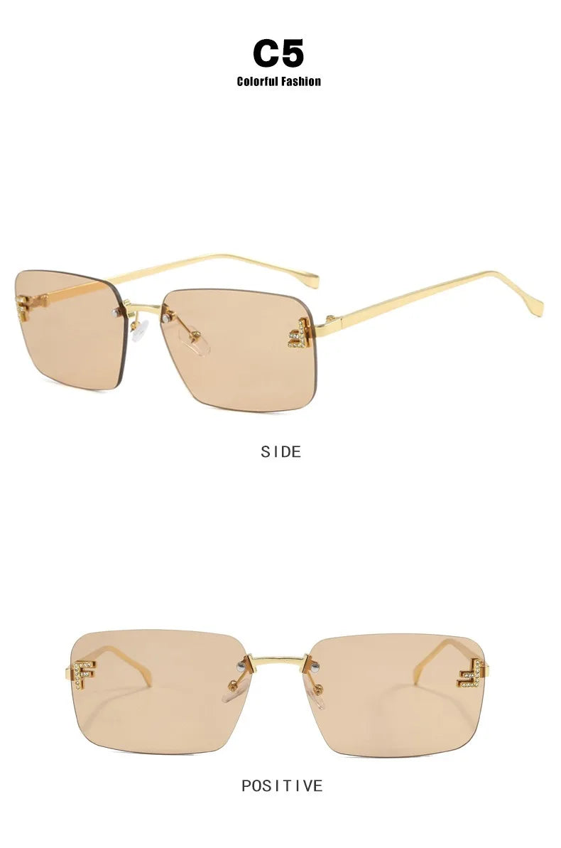 Rimless Sqaure Sunglasses F Letter Rectangle Shades For Men Women Trendy Driving Frameless Casual Eyewear UV400 Oculos Del Sol